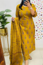 Americanchoice Yellow Cotton Kurta With Pant & Dupatta Set