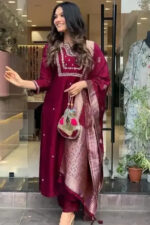 Americanchoice Embroidered Maroon Regular Thread Work Kurta with Trousers & With Dupatta