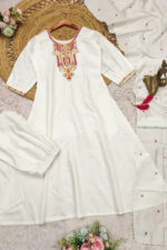 Americanchoice White Embroidered Chanderi Kurta With Cotton Pant & Dupatta Set - Image 3