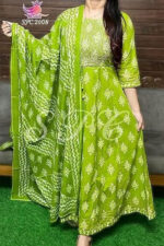 Americanchoice Women's Cotton Green Anarkali Embroidery Kurta & Pant with Dupatta
