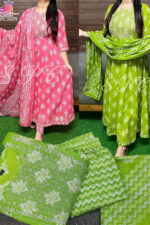 Americanchoice Combo of Women's Cotton Pink & Green Anarkali Embroidery Kurta & Pant with Dupatta