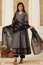 Americanchoice Black Cotton Anarkali Kurta With Pant & Dupatta Set - Image 3