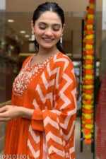 Americanchoice Orange Designer Silk Blend Kurta Pant Set with Dupatta - Image 3