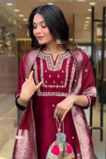 Americanchoice Embroidered Maroon Regular Thread Work Kurta with Trousers & With Dupatta - Image 3