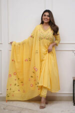 Cotton Embroidered Kurta With Pant & Dupatta Set