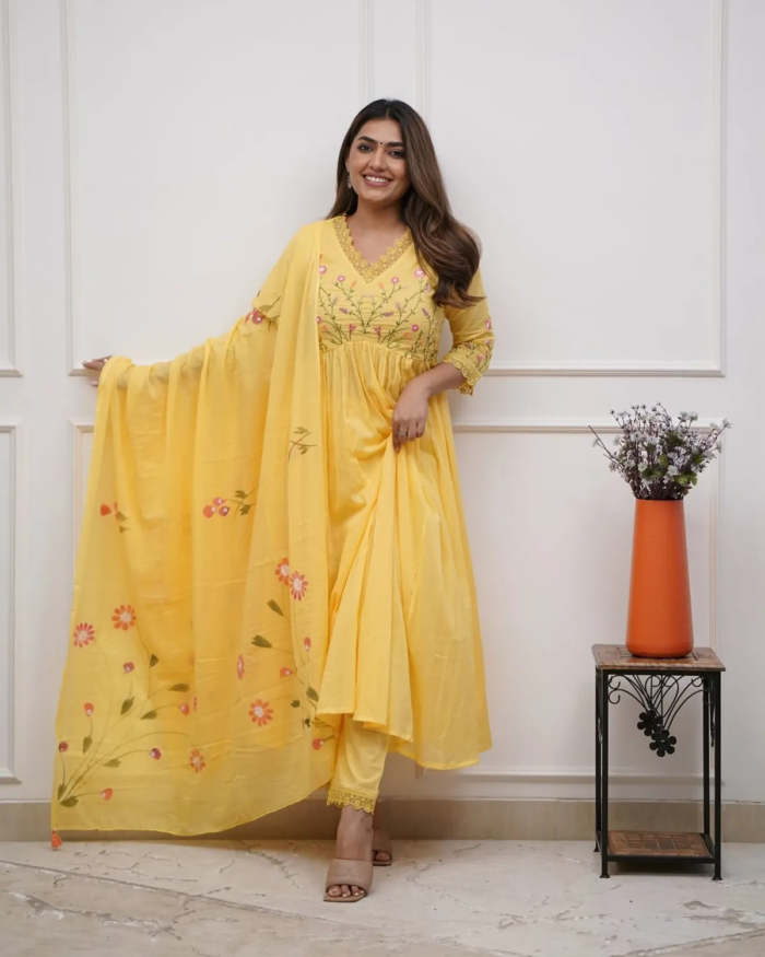 Cotton Embroidered Kurta With Pant & Dupatta Set - Image 3