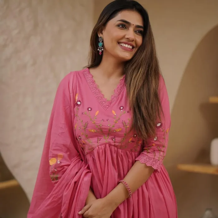 Cotton Embroidered Kurta With Pant & Dupatta Set - Image 7