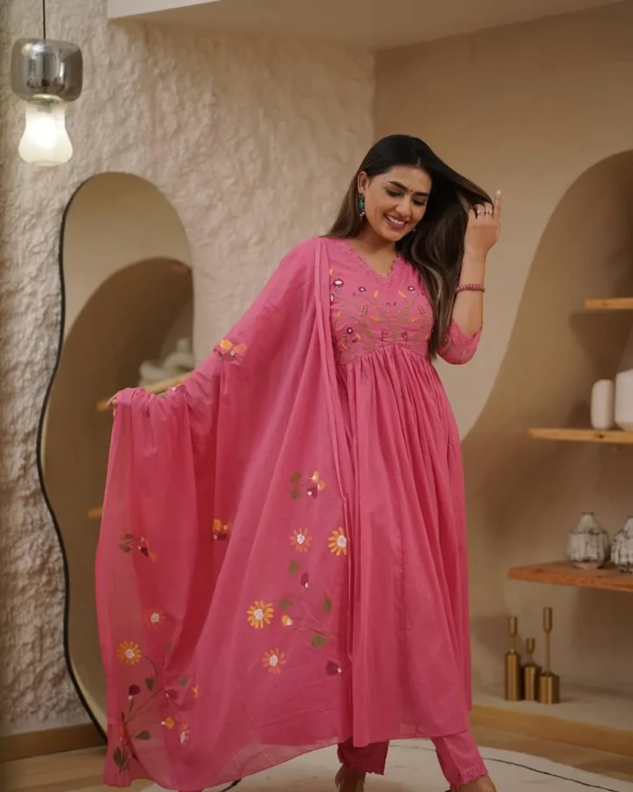 Cotton Embroidered Kurta With Pant & Dupatta Set - Image 8