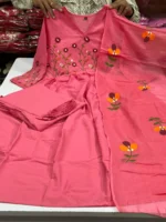 Cotton Embroidered Kurta With Pant & Dupatta Set - Image 5