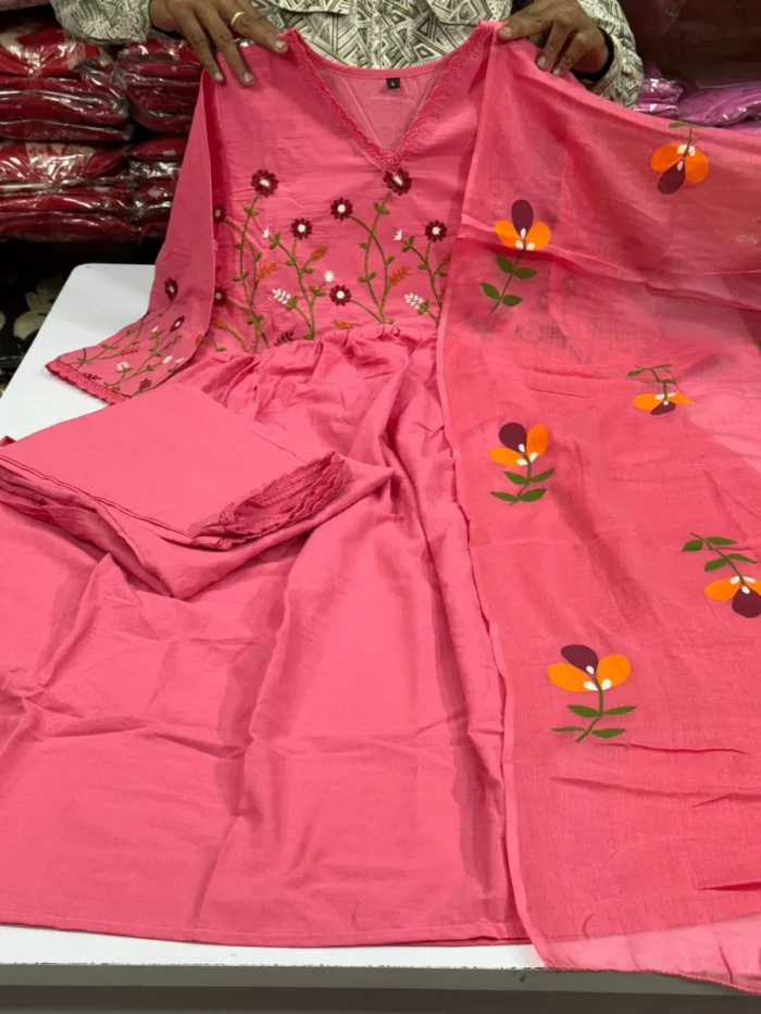 Cotton Embroidered Kurta With Pant & Dupatta Set - Image 5