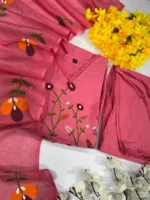 Cotton Embroidered Kurta With Pant & Dupatta Set - Image 4