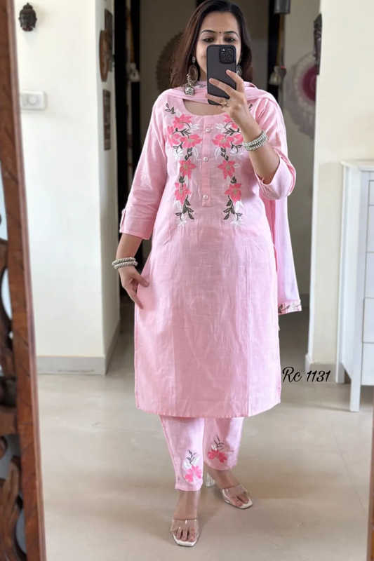Americanchoice Cotton Embroidered Kurta With Pant & Dupatta With Embroidery Lace - Image 1