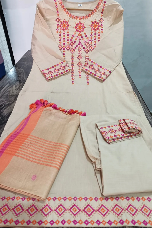 Cotton Embroidered Kurta With Pant & Linen Dupatta Set - Image 5
