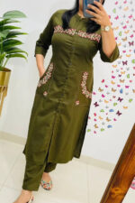 Americanchoice Green Cotton Embroidered Kurta & Pant Set