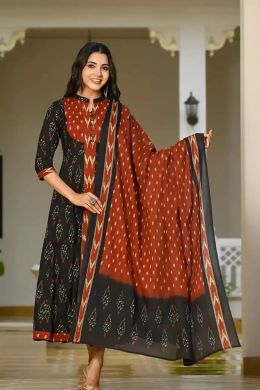 Americanchoice Cotton Printed Anarkali  Kurta With Pant & Dupatta Set - Image 4