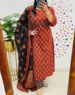 Cotton Printed Kurta With Pant & Dupatta Set - Image 6