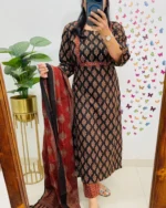 Cotton Printed Kurta With Pant & Dupatta Set - Image 4