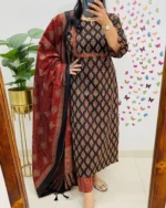 Cotton Printed Kurta With Pant & Dupatta Set - Image 6