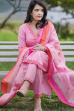 Americanchoice Handloom Cotton Embroidered Kurta With Pant & Weaved Linen Dupatta Set