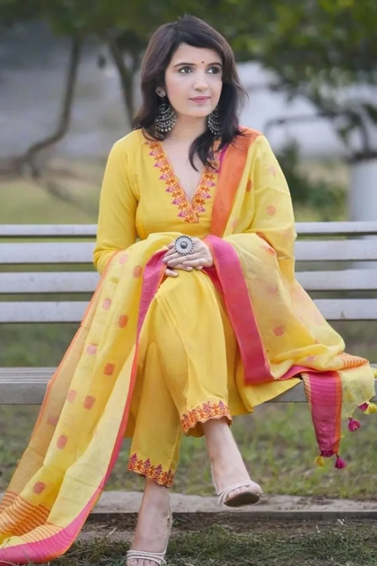 Americanchoice Yellow Handloom Cotton Embroidered Kurta With Pant & Weaved Linen Dupatta Set - Image 2
