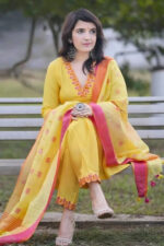 Americanchoice Yellow Handloom Cotton Embroidered Kurta With Pant & Weaved Linen Dupatta Set - Image 6
