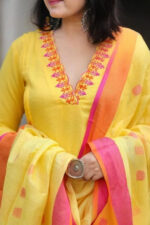 Americanchoice Yellow Handloom Cotton Embroidered Kurta With Pant & Weaved Linen Dupatta Set - Image 3