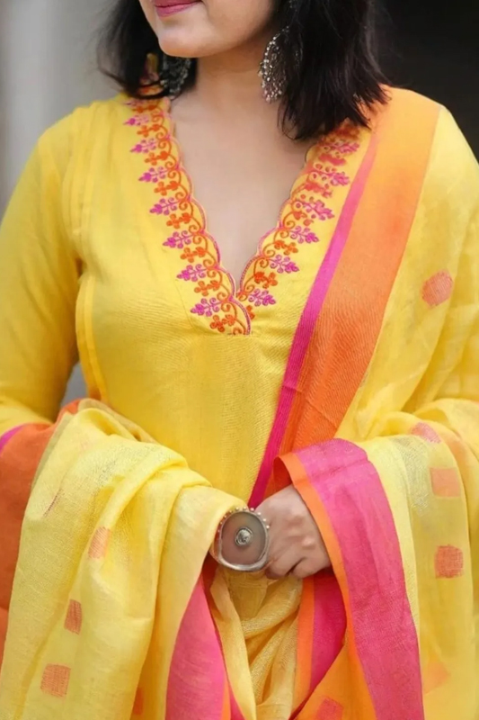 Americanchoice Yellow Handloom Cotton Embroidered Kurta With Pant & Weaved Linen Dupatta Set - Image 3