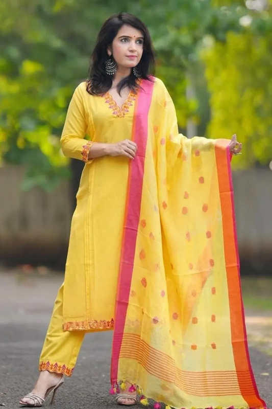 Americanchoice Yellow Handloom Cotton Embroidered Kurta With Pant & Weaved Linen Dupatta Set - Image 4
