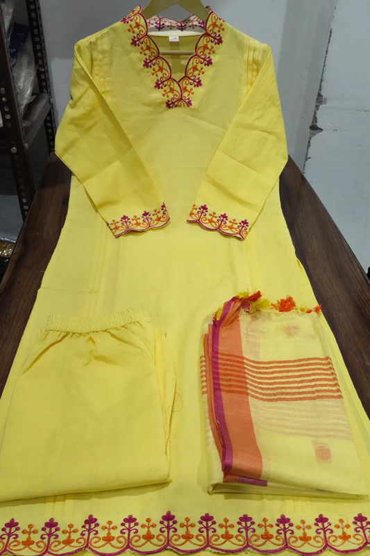 Americanchoice Yellow Handloom Cotton Embroidered Kurta With Pant & Weaved Linen Dupatta Set - Image 5
