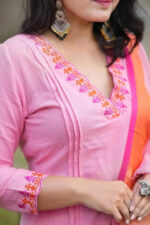 Americanchoice Handloom Cotton Embroidered Kurta With Pant & Weaved Linen Dupatta Set - Image 4