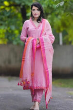 Americanchoice Handloom Cotton Embroidered Kurta With Pant & Weaved Linen Dupatta Set - Image 5