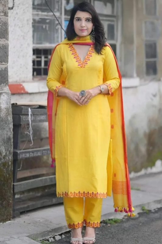 Americanchoice Yellow Handloom Cotton Embroidered Kurta With Pant & Weaved Linen Dupatta Set - Image 1