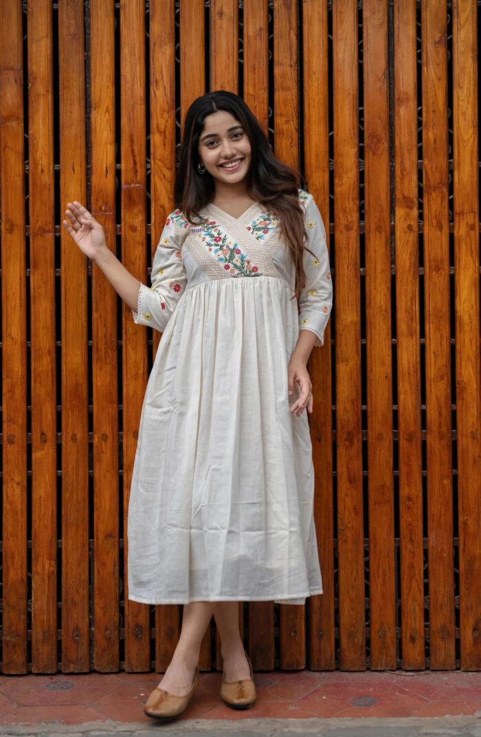 Americanchoice Off White Embroidered Cotton Anarkali Gown - Image 5