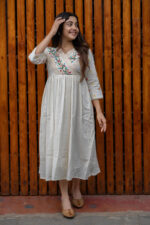 Americanchoice Off White Embroidered Cotton Anarkali Gown - Image 2