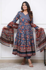 Americanchoice Blue Cotton Solid Anarkali Suit For Women