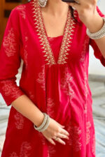 Americanchoice Red Cotton Kurta, Palazzo & Dupatta Set - Image 4