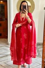 Americanchoice Red Cotton Kurta, Palazzo & Dupatta Set