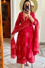 Americanchoice Red Cotton Kurta, Palazzo & Dupatta Set - Image 5