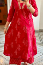 Americanchoice Red Cotton Kurta, Palazzo & Dupatta Set - Image 3