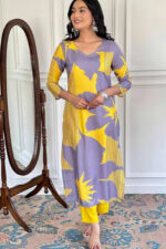 Women's Yellow Rayon Printed Straight Kurta with Rayon Pant - Image 7