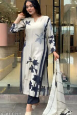 Women's White Printed Kurta Set with Rayon Pants & Dupatta
