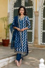 Blue Embroidered Crepe Kurta Set with Rayon Pants & Organza Dupatta - Image 3