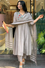 Women’s Embroidered Gray Anarkali Kurta Suit Set - Image 2