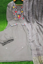 Women’s Embroidered Gray Anarkali Kurta Suit Set - Image 4