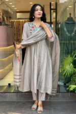 Women’s Embroidered Gray Anarkali Kurta Suit Set - Image 6