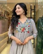 Women’s Embroidered Gray Anarkali Kurta Suit Set - Image 9