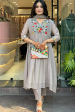 Women’s Embroidered Gray Anarkali Kurta Suit Set