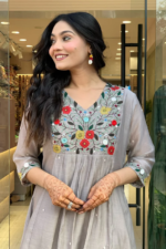 Women’s Embroidered Gray Anarkali Kurta Suit Set - Image 5