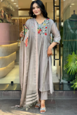 Women’s Embroidered Gray Anarkali Kurta Suit Set - Image 7
