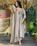 Women’s Embroidered Gray Anarkali Kurta Suit Set - Image 10